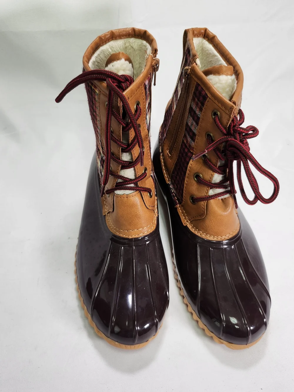 Sporto Maroon Plaid Duck-Style Lace-Up Rain Boots with Tan Trim